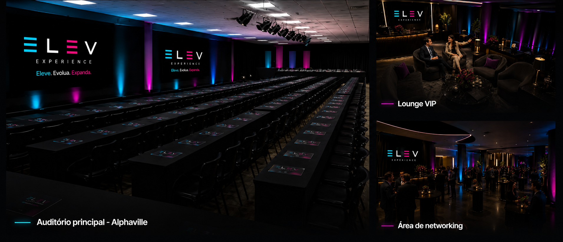 Auditório principal, Lounge VIP e área de networking do ELEV EXPERIENCE em Alphaville